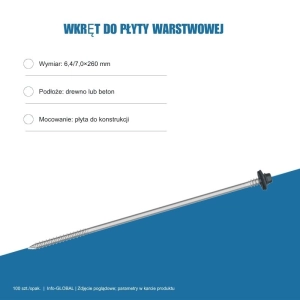 Wkręt do płyty warstwowej Info-GLOBAL ARW 0 CSG 6,4/7,0×260 mm, kolory RAL, 100 szt. Wkręt do płyty warstwowej Info-GLOBAL ARW 0 CSG 6,4/7,0×260 mm, kolory RAL, 100 szt.